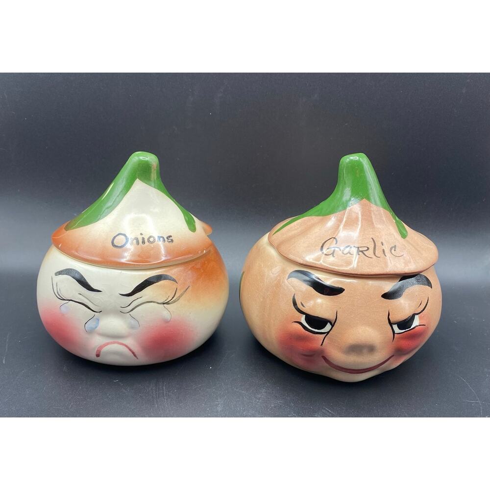 Set of Vintage DeForest California Anthropomorphic Ceramic Garlic & Onion Holder